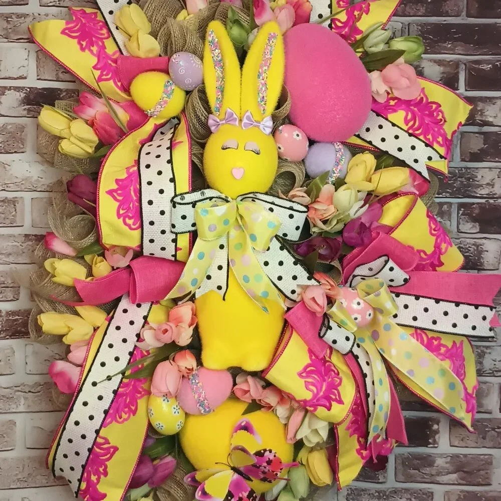 Easter Wreath for Front Door, Flocked Bunny Wreath, Easter decoration, Spring